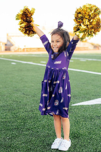 JMU Purple Duke Dog 3/4 Sleeve Pocket Twirl Dress