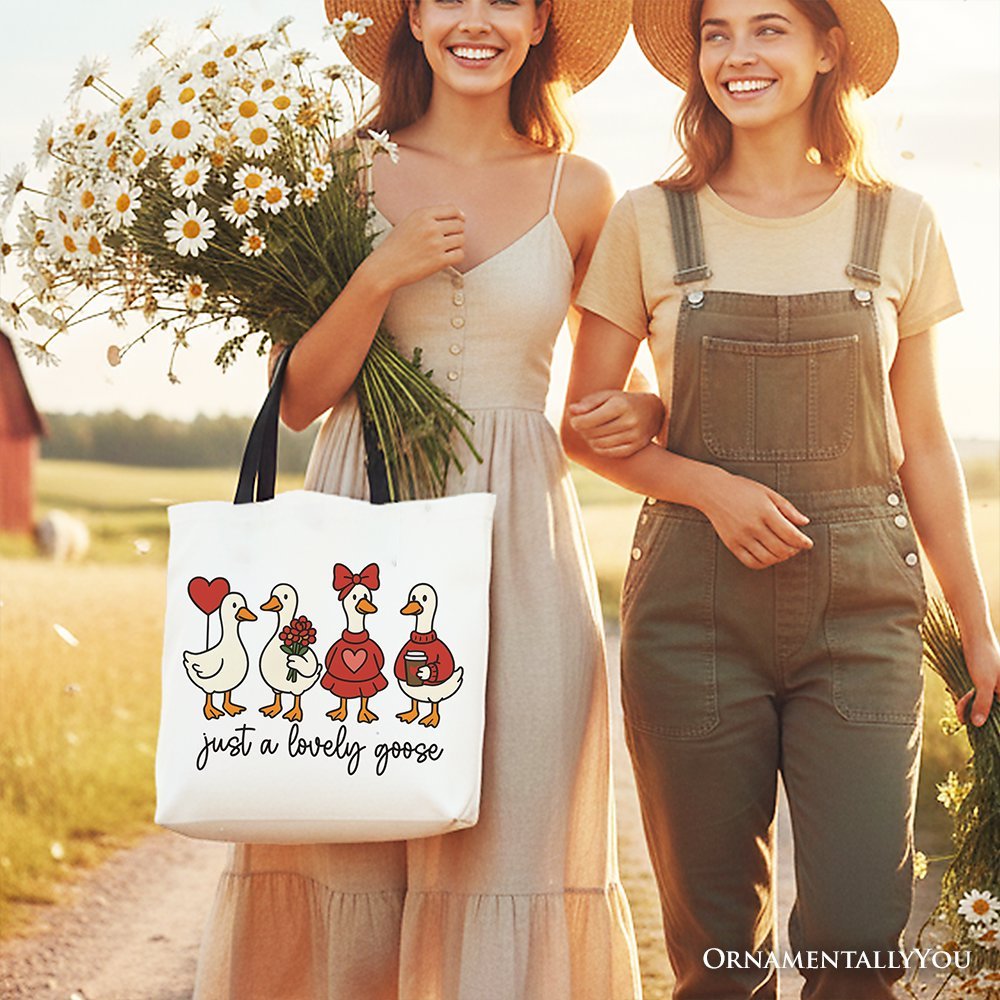 Just a Lovely Goose Valentine Canvas Tote Bag, Coquette Cute Love Printed Gift Bag
