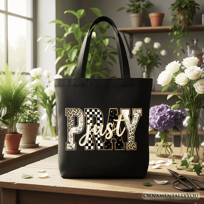 Just Pray Christian Varsity Tote Bag, Retro Leopard Checkered Faith Gift Shopper