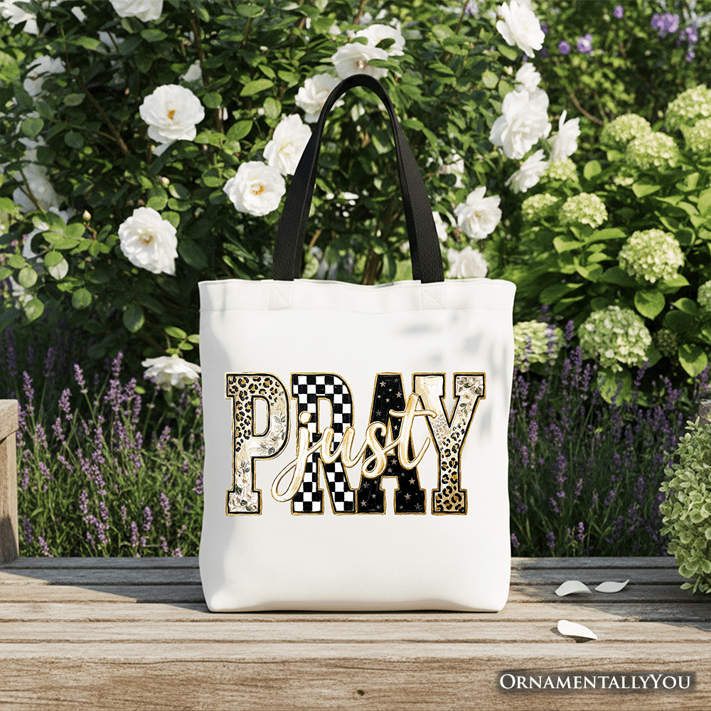 Just Pray Christian Varsity Tote Bag, Retro Leopard Checkered Faith Gift Shopper