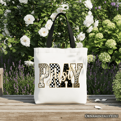 Just Pray Christian Varsity Tote Bag, Retro Leopard Checkered Faith Gift Shopper