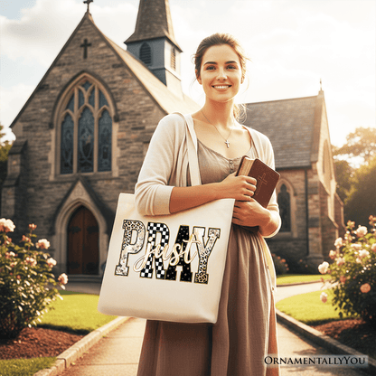 Just Pray Christian Varsity Tote Bag, Retro Leopard Checkered Faith Gift Shopper