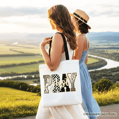 Just Pray Christian Varsity Tote Bag, Retro Leopard Checkered Faith Gift Shopper
