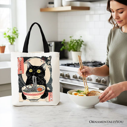 Kawaii Anime Cat Eating Ramen Canvas Tote Bag, Noodle Japanese Art Style Gift Bag