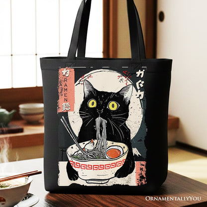 Kawaii Anime Cat Eating Ramen Canvas Tote Bag, Noodle Japanese Art Style Gift Bag