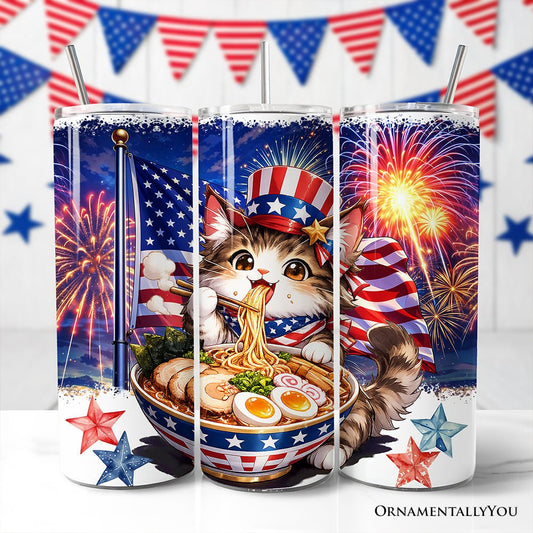 Kawaii Patriotic Ramen Maine Coon Cat 20oz Personalized Tumbler With Lid and Stainless Steel Straw, Japanese Anime Gift Cup