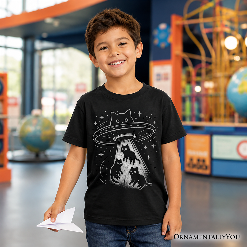 Kids Alien Cat Abduction T-Shirt, Funny Youth UFO Space Cats Cosmic Tee