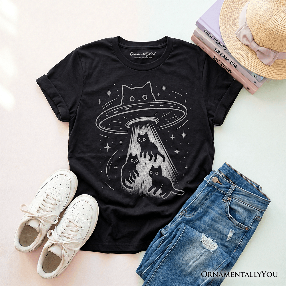 Kids Alien Cat Abduction T-Shirt, Funny Youth UFO Space Cats Cosmic Tee