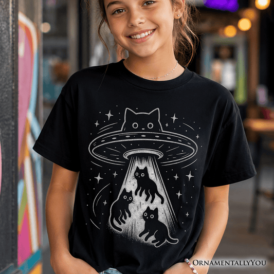 Kids Alien Cat Abduction T-Shirt, Funny Youth UFO Space Cats Cosmic Tee