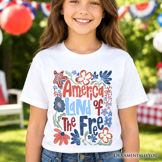 Kids America Land of the Free T-Shirt, Retro Youth Floral Independence Day Tee
