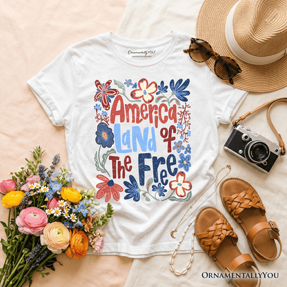 Kids America Land of the Free T-Shirt, Retro Youth Floral Independence Day Tee