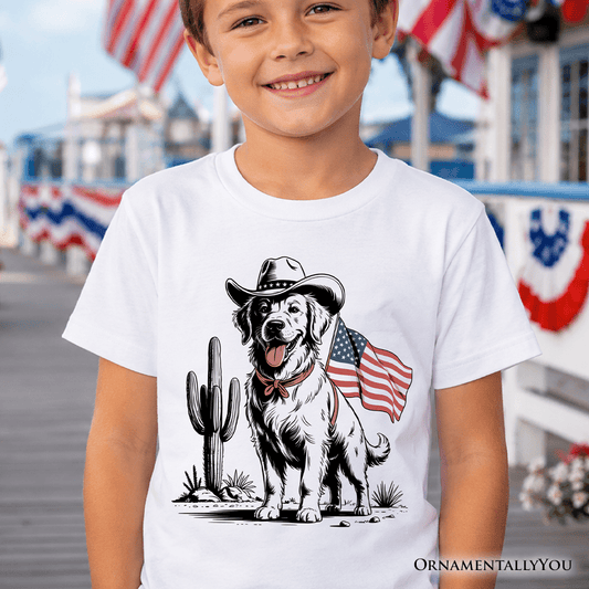 Kids American Cowboy Dog T-Shirt, Western Youth 4th of July Tee for Pet Lovers
