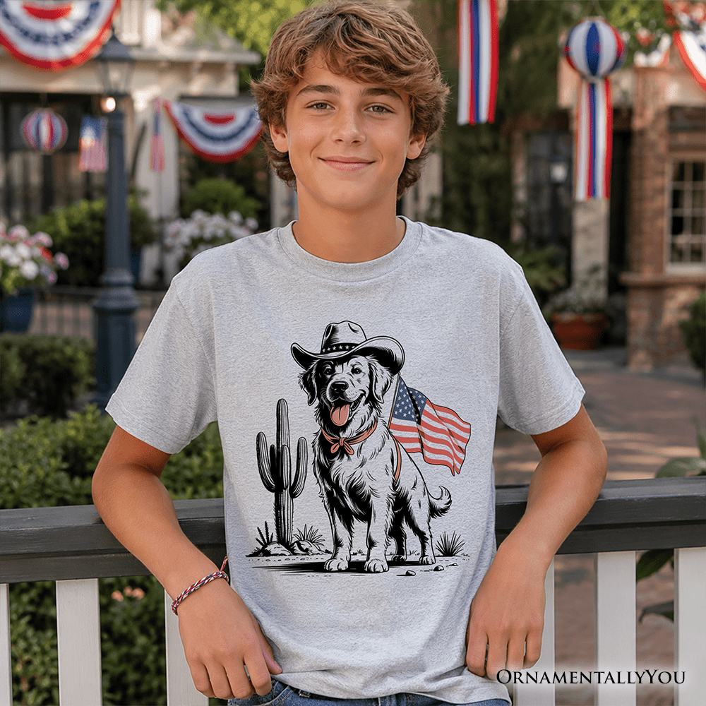 Kids American Cowboy Dog T-Shirt, Western Youth 4th of July Tee for Pet Lovers