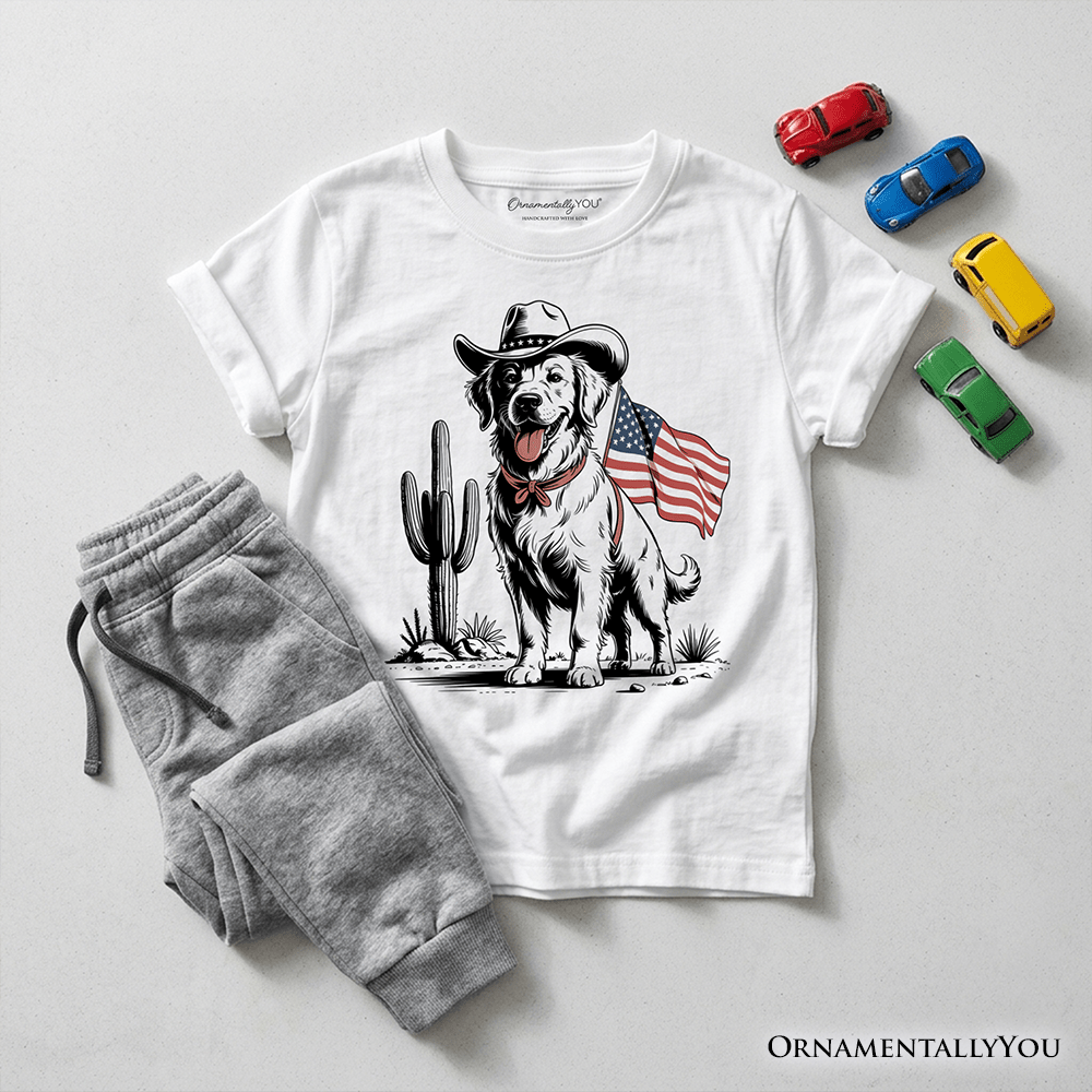 Kids American Cowboy Dog T-Shirt, Western Youth 4th of July Tee for Pet Lovers