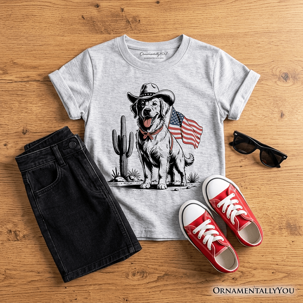 Kids American Cowboy Dog T-Shirt, Western Youth 4th of July Tee for Pet Lovers