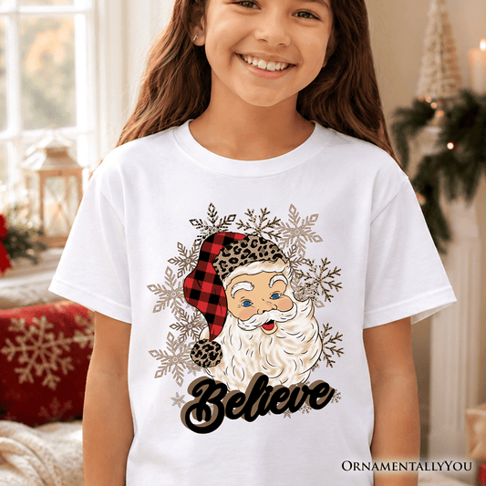 Kids Believe Santa Buffalo Plaid T-Shirt, Retro Christmas Youth Tee