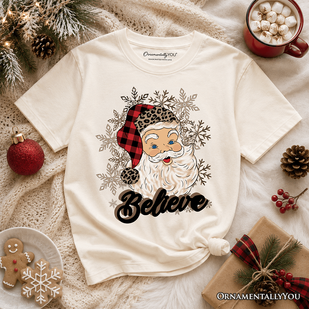 Kids Believe Santa Buffalo Plaid T-Shirt, Retro Christmas Youth Tee