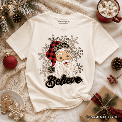 Kids Believe Santa Buffalo Plaid T-Shirt, Retro Christmas Youth Tee