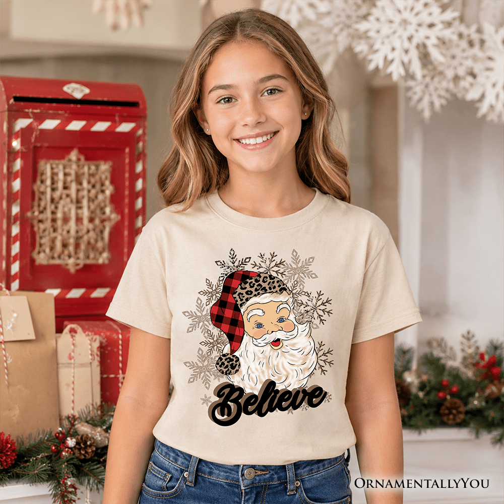 Kids Believe Santa Buffalo Plaid T-Shirt, Retro Christmas Youth Tee