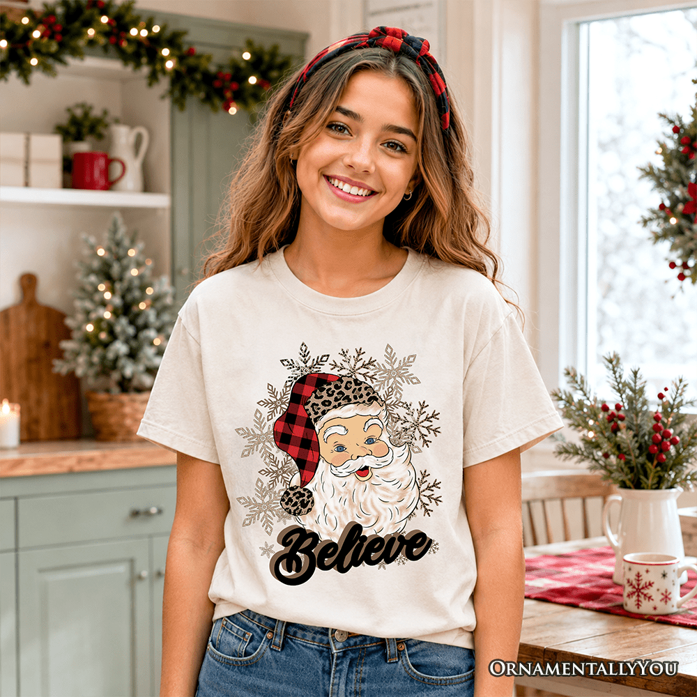 Kids Believe Santa Buffalo Plaid T-Shirt, Retro Christmas Youth Tee