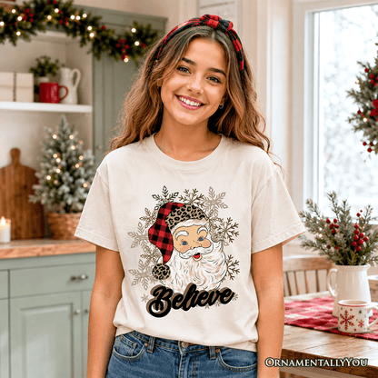 Kids Believe Santa Buffalo Plaid T-Shirt, Retro Christmas Youth Tee