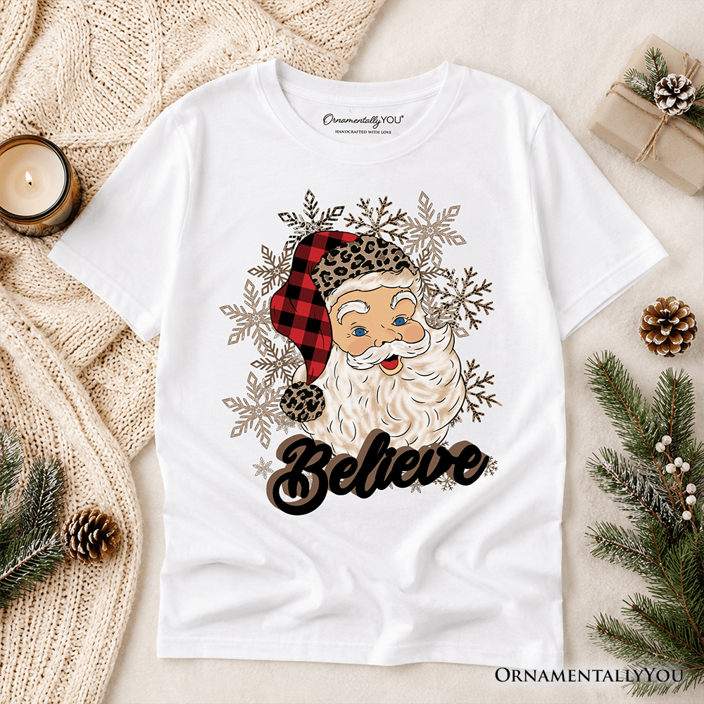 Kids Believe Santa Buffalo Plaid T-Shirt, Retro Christmas Youth Tee