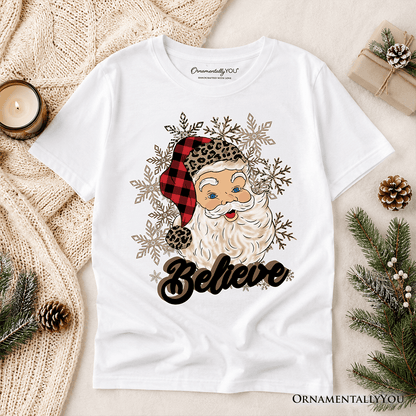 Kids Believe Santa Buffalo Plaid T-Shirt, Retro Christmas Youth Tee