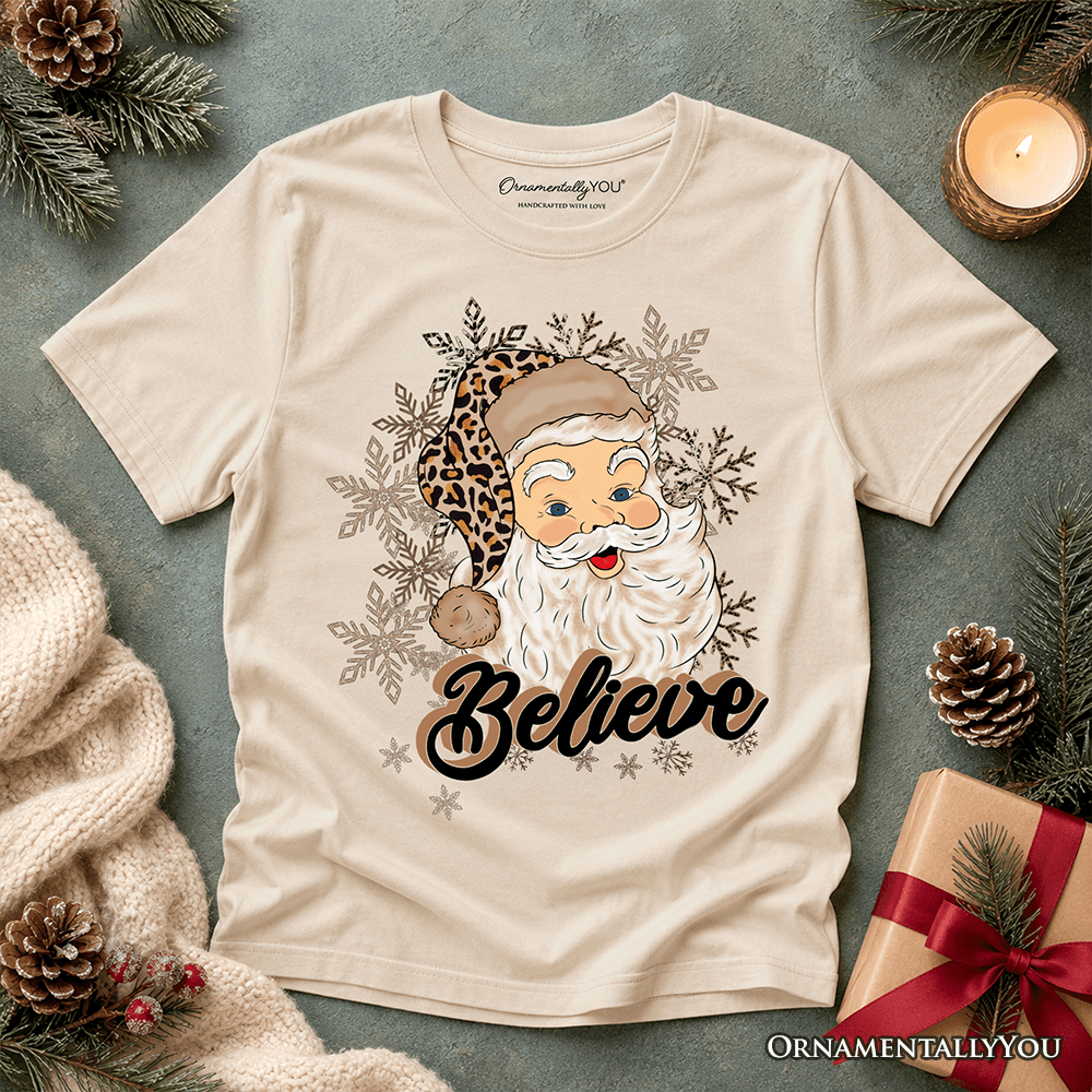 Kids Believe Santa Cheetah Leopard T-Shirt, Retro Christmas Youth Tee