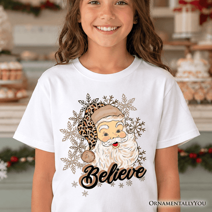 Kids Believe Santa Cheetah Leopard T-Shirt, Retro Christmas Youth Tee