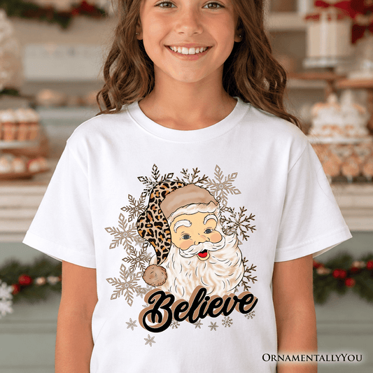 Kids Believe Santa Cheetah Leopard T-Shirt, Retro Christmas Youth Tee