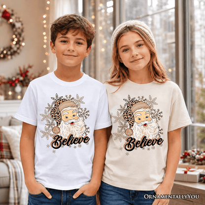Kids Believe Santa Cheetah Leopard T-Shirt, Retro Christmas Youth Tee