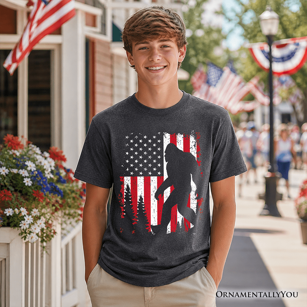 Kids Bigfoot American Flag T-Shirt, Youth Patriotic Sasquatch Tee