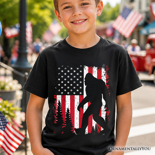 Kids Bigfoot American Flag T-Shirt, Youth Patriotic Sasquatch Tee