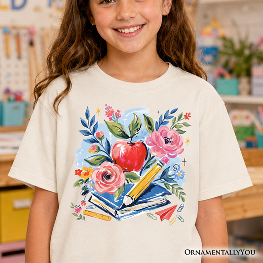 Kids Boho Floral Student T-Shirt, Watercolor Back to School Tee for Youth