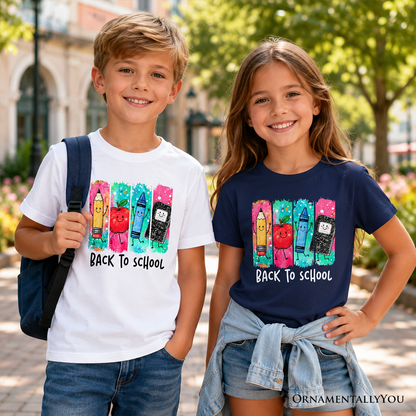 Kids Brushstroke Back to School T-Shirt, Apple Pencil Notebook Youth Tee for Student