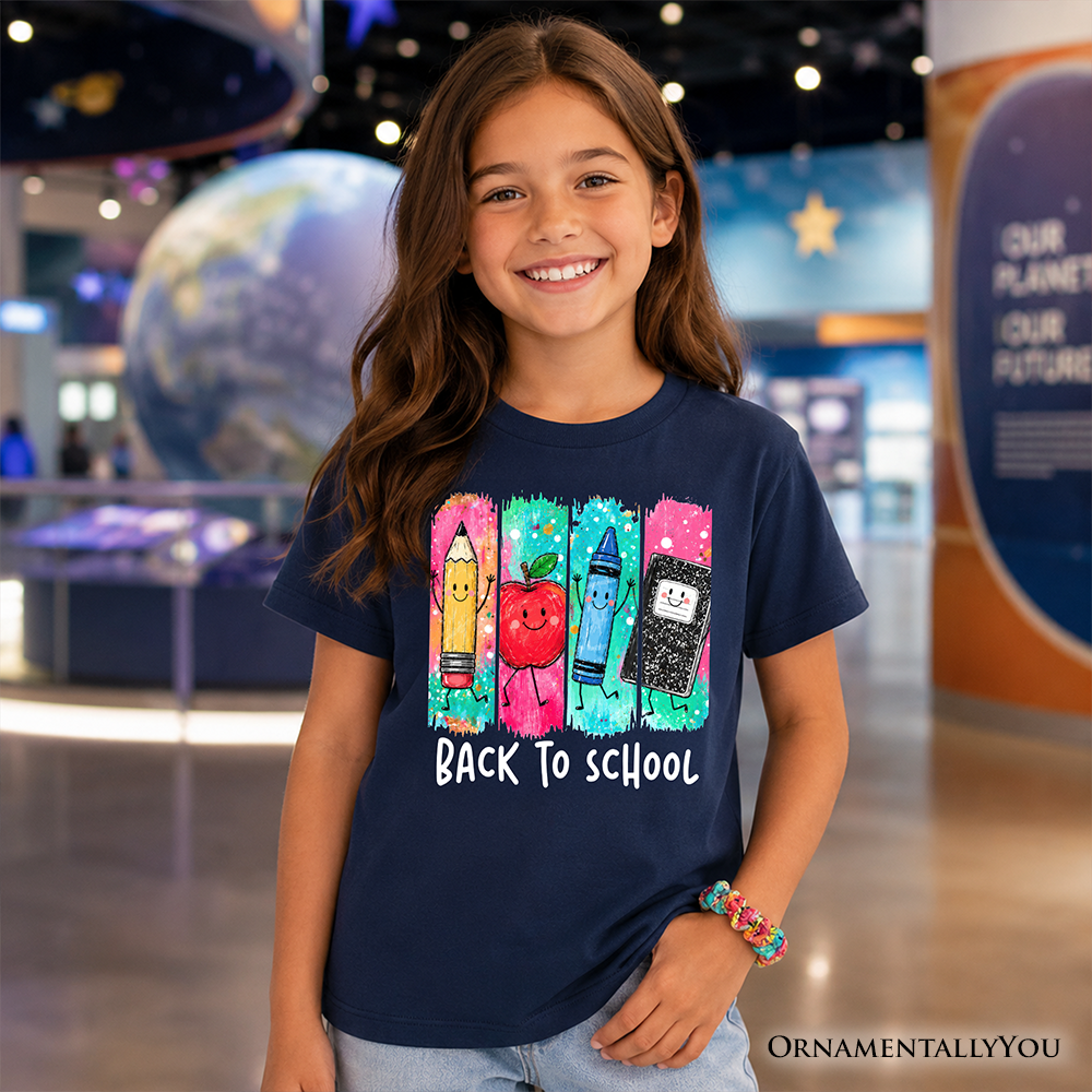 Kids Brushstroke Back to School T-Shirt, Apple Pencil Notebook Youth Tee for Student