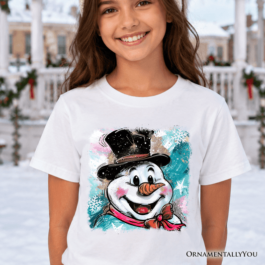 Kids Brushstroke Cute Snowman T-Shirt, Preppy Youth Merry Christmas Glitter Holiday Tee