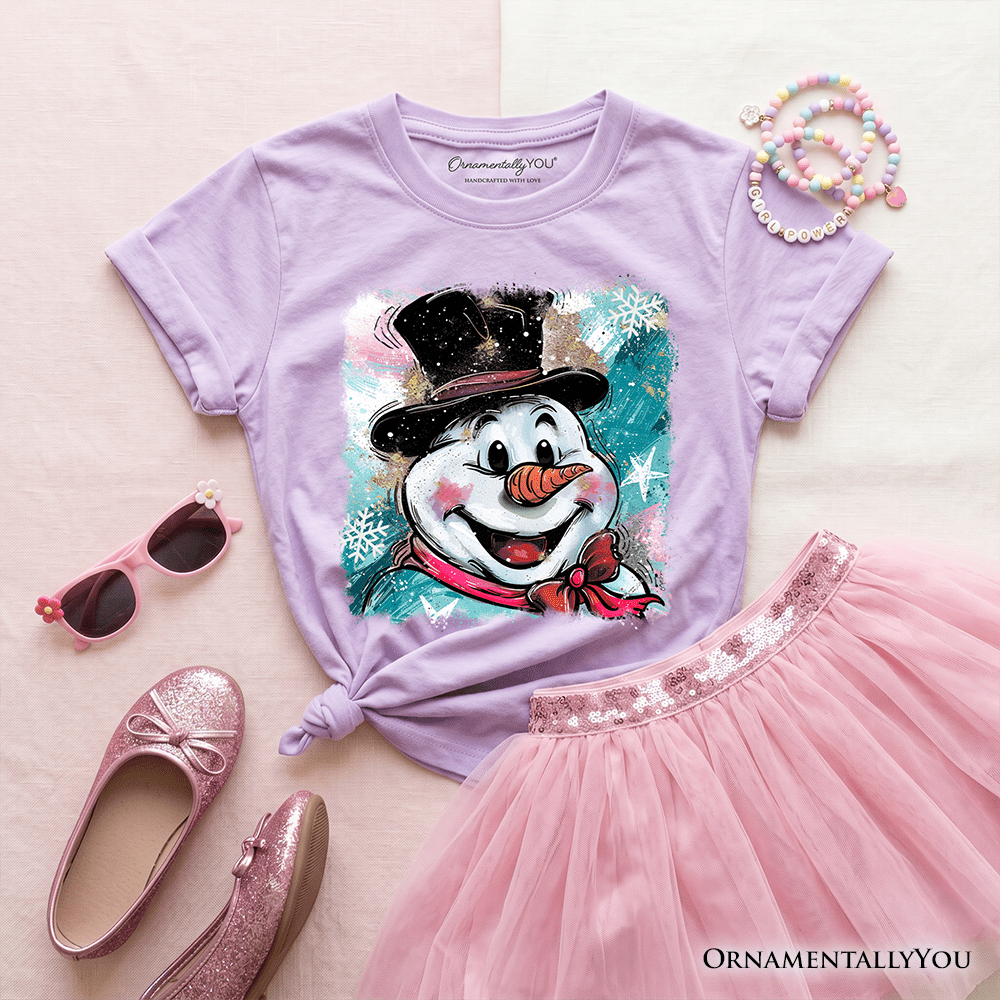 Kids Brushstroke Cute Snowman T-Shirt, Preppy Youth Merry Christmas Glitter Holiday Tee