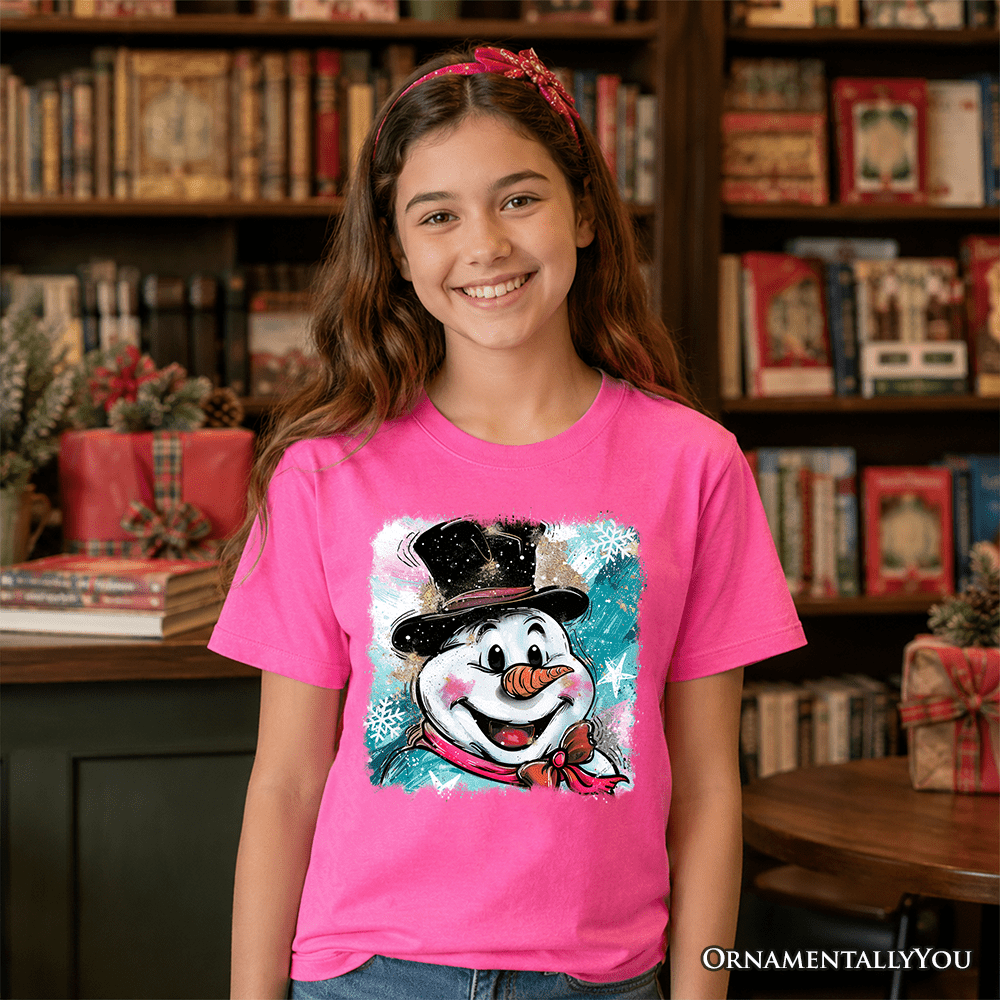 Kids Brushstroke Cute Snowman T-Shirt, Preppy Youth Merry Christmas Glitter Holiday Tee