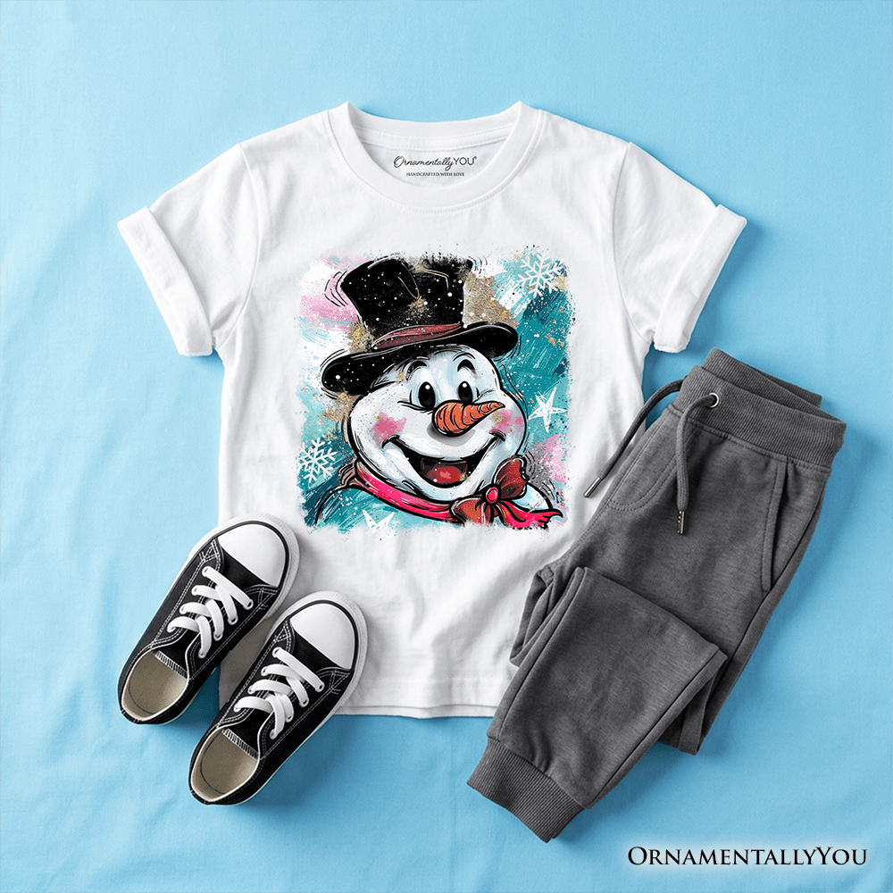 Kids Brushstroke Cute Snowman T-Shirt, Preppy Youth Merry Christmas Glitter Holiday Tee