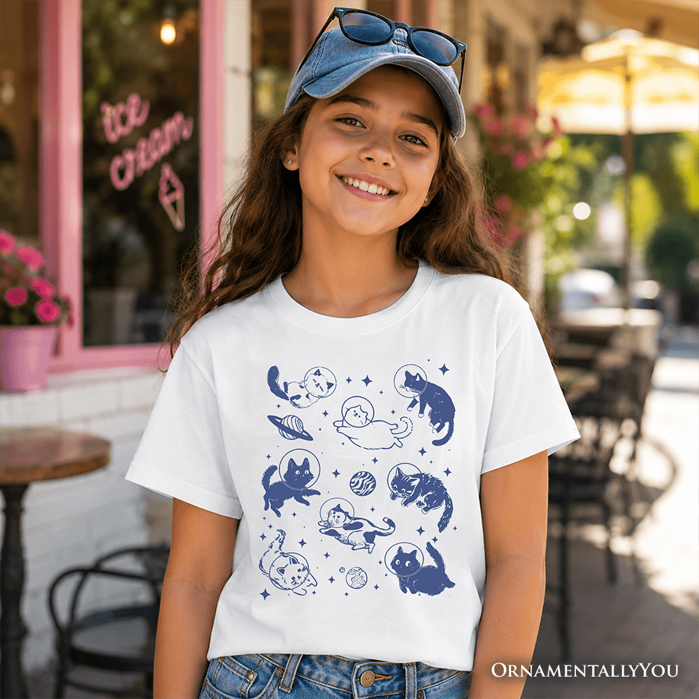 Kids Cats in Space Retro T-Shirt, Funny Astronaut Tee for Youth