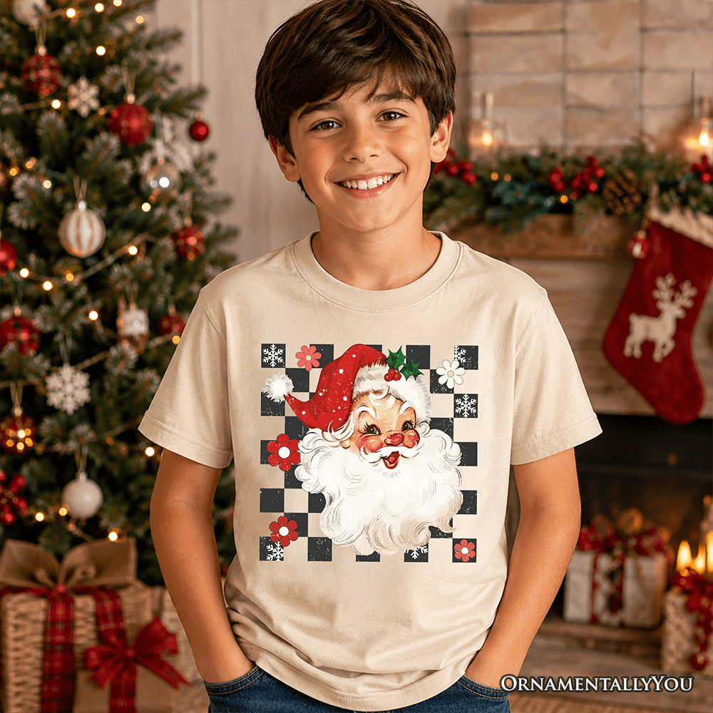 Kids Checkered Santa Claus Vintage T-Shirt, Retro Merry Christmas Youth Tee