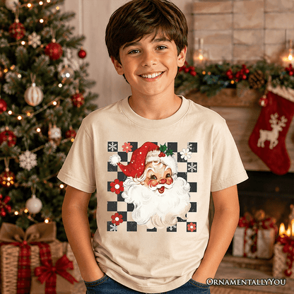 Kids Checkered Santa Claus Vintage T-Shirt, Retro Merry Christmas Youth Tee