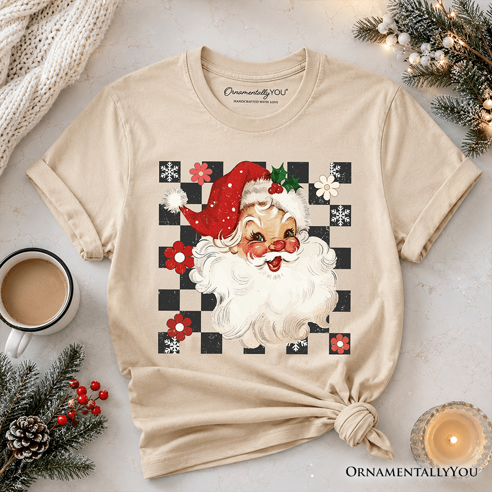 Kids Checkered Santa Claus Vintage T-Shirt, Retro Merry Christmas Youth Tee