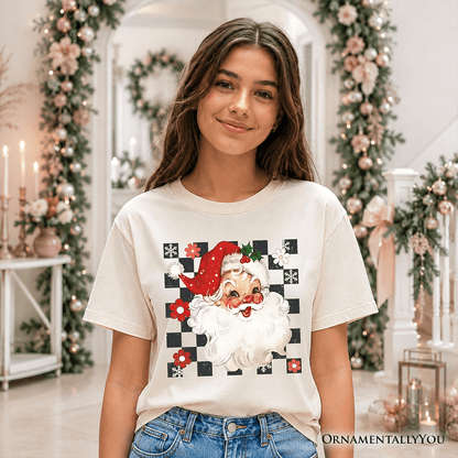 Kids Checkered Santa Claus Vintage T-Shirt, Retro Merry Christmas Youth Tee