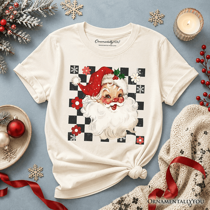 Kids Checkered Santa Claus Vintage T-Shirt, Retro Merry Christmas Youth Tee