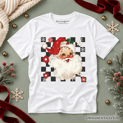 Kids Checkered Santa Claus Vintage T-Shirt, Retro Merry Christmas Youth Tee