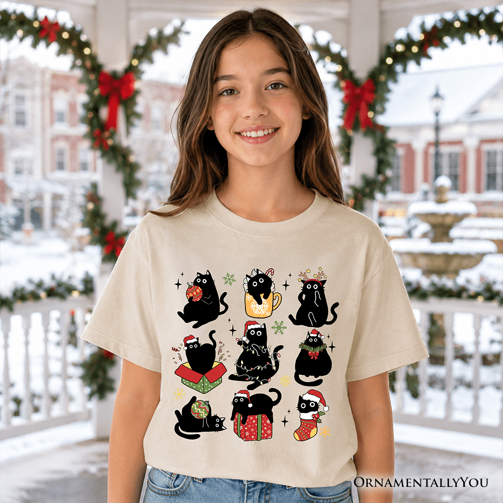 Kids Christmas Black Cats T-Shirt, Whimsical Cats with Santa Hat Youth Tee