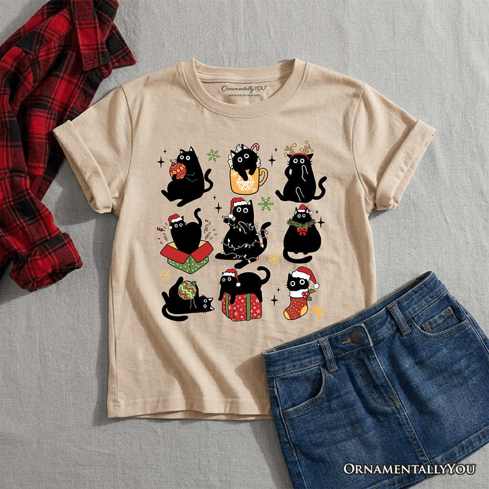 Kids Christmas Black Cats T-Shirt, Whimsical Cats with Santa Hat Youth Tee