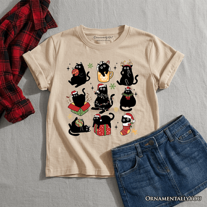 Kids Christmas Black Cats T-Shirt, Whimsical Cats with Santa Hat Youth Tee